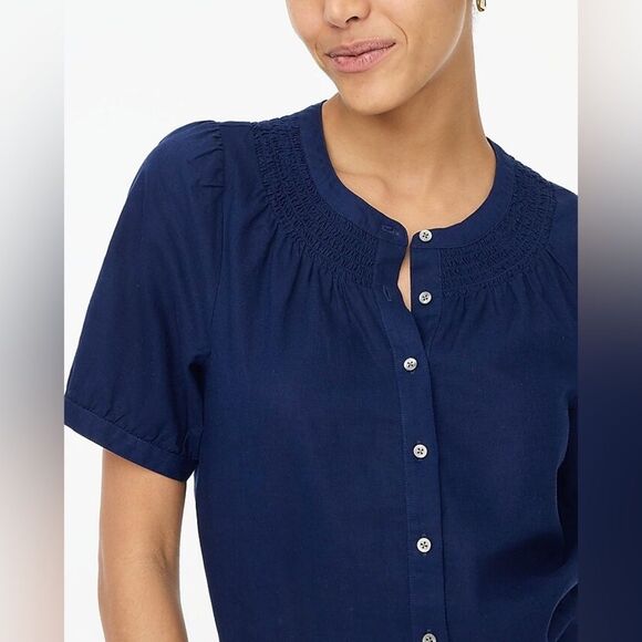 J Crew Factory NWT Linen Blend Short Sleeve Smock Neck Top Size Large in Navy - Picture 2 of 7